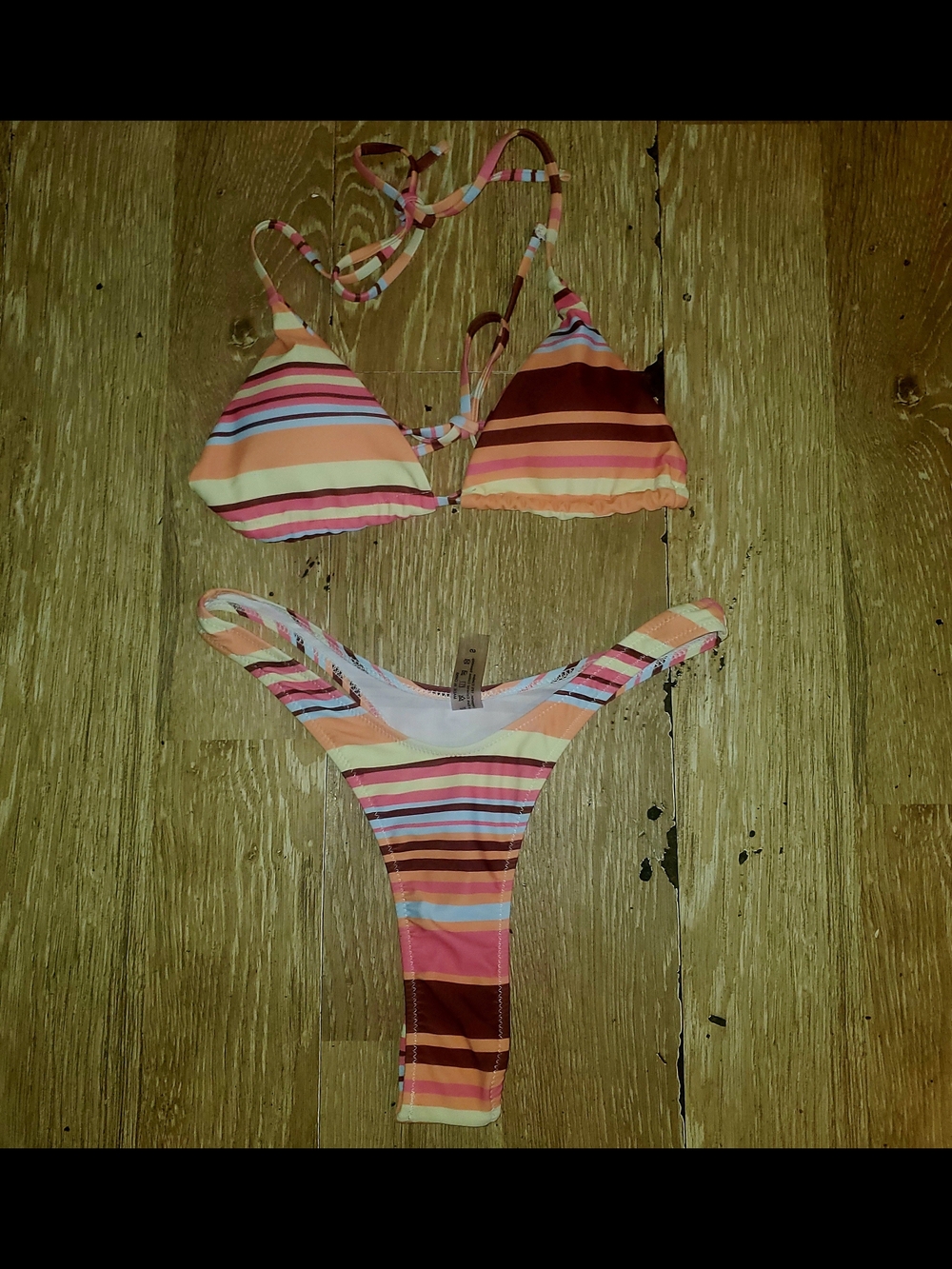 Multi-Colores Striped Triangle Cheeky Bikini Set